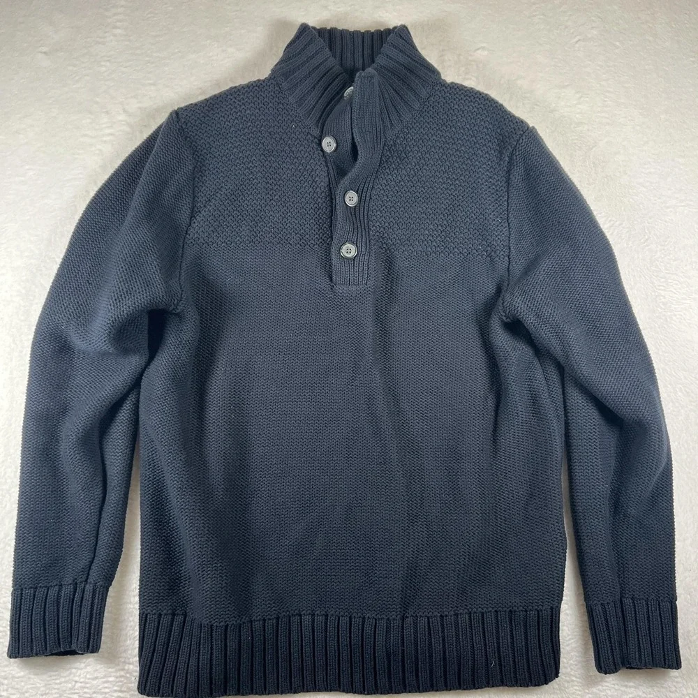 Banana‎ Republic Mens Navy Blue Cotton Mock Neck Button Henley Sweater Large